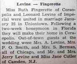 Marriage Notice for Leonard LEVINE to Ruth Fingerette, 26 Jan 1947