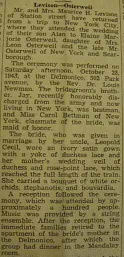 Part 1 Marriage Notice for 
Alan LEVISON to Elaine Marjorie Osterweil, 23 Oct 1943