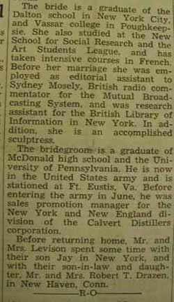 Part 2 Marriage Notice for 
Alan LEVISON to Elaine Marjorie Osterweil, 23 Oct 1943