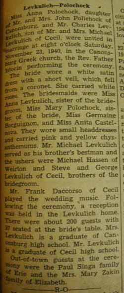 Marriage Notice for Charles LEVKULICH to Anna Polochock, 23 Nov 1940