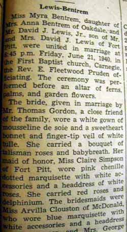 Part 1 Marriage Notice for David J. LEWIS, Jr. to Myra Bentrem, 21 Jun 1940