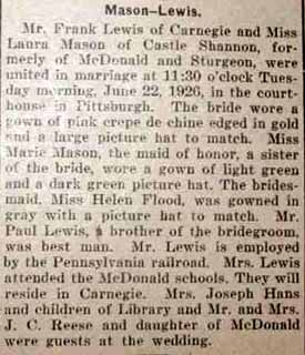 Marriage Notice for Frank LEWIS to Laura Mason, 22 Jun 1926