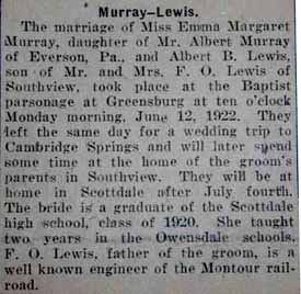 Marriage Notice for Albert B. LEWIS to Emma Margaret Murray, 12 Jun 1922