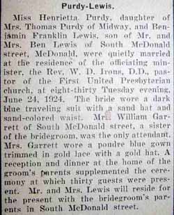 Marriage Notice for Benjamin Franklin LEWIS to Henrietta Purdy, 24 Jun 1924