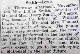 Marriage Notice for William LEWIS to Lillian Smith, 15 Nov 1923