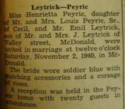 Marriage Notice for 
        Emil LEYTRICK to Henrietta Peyric, 2 Nov 1940