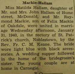 Marriage Notice for Raymond MACKIE to Matilda Hallam, 31 Jan 1940
