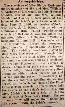 Marriage Notice for Thomas MADDEN to Gladys Ruth Anthony, 2 Jun 1926