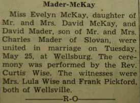 Marriage Notice for David MADER to Evelyn McKay, 25 May 1937