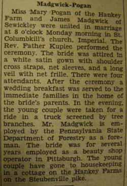 Marriage Notice for James MADGWICK to Mary Pogan, May 1936