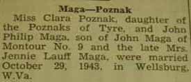Marriage Notice for John Philip MAGA to Clara Poznak, 29 Oct 1943