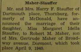 Marriage Notice for Robert M. MAHER to Margaret Idella Stauffer, 9 Apr 1940