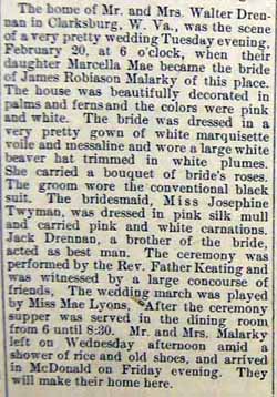 Marriage Notice for James Robiason MALARKY to Marcella Mae DRENNAN, 20 Feb 1912