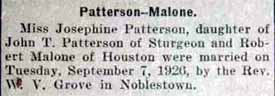 Marriage Notice for Robert MALONE to Josephine Patterson, 7 Sep 1926