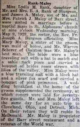 Marriage Notice for James A. MALOY to Lydia M. Rank, 9 May 1923