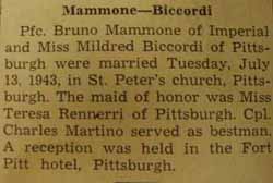 Marriage Notice for Bruno MAMMONE to Mildred Biccordi, 13 Jul 1943