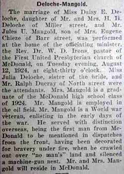 Marriage Notice for Jules U. MANGOLD to Daisy E. Deloche, 12 Aug 1924