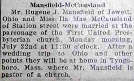 Marriage Notice for Eugene J. MANSFIELD to Ila Mae McCausland, 22 Jul 1929
