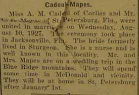 Marriage Notice for No First Name MAPES to A. M. Cadoul, 10 Aug 1927