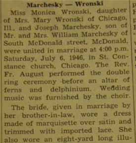 Part 1 Marriage Notice for Joseph MARCHESKY to Monica Wronski, 6 Jul 1946