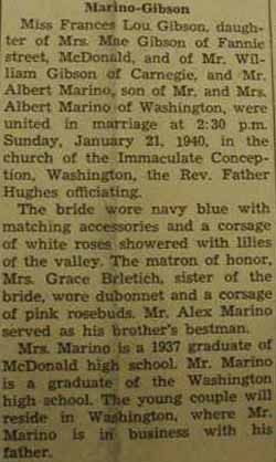 Wedding notice for 
        <b></b>
Albert MARINO to Frances Lou Gibson, 21 Jan 1940