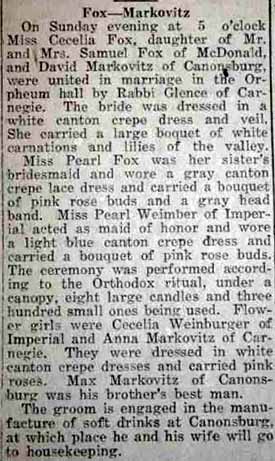 Marriage Notice for David MARKOVITZ to Cecelia Fox, no date, in 2-22-1923 paper