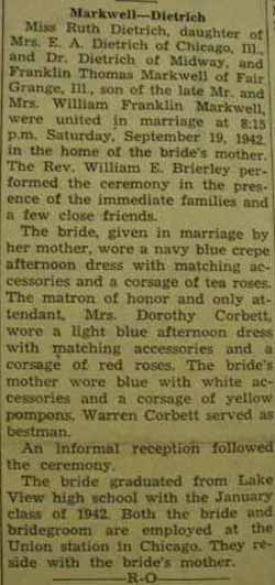 Marriage notice Franklin Thomas MARKWELL to Ruth Dietrich, 19 Sep 1942