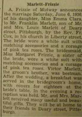 Marriage Notice for  Franklin MARLETT to Emma Clara Frizzle or Frizzie?, 6 Jun 1936