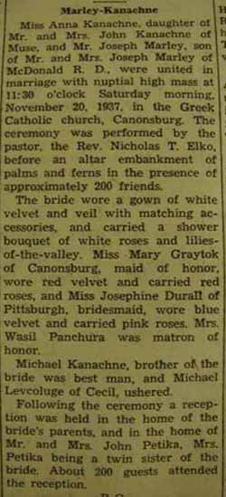 Marriage Notice for Joseph MARLEY to Anna Kanachne, 20 Nov 1937