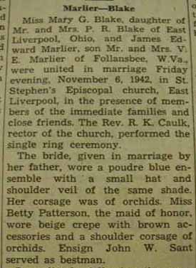 Part 1 Marriage Notice for James Edward MARLIER to Mary G. Blake, 6 Nov 1942