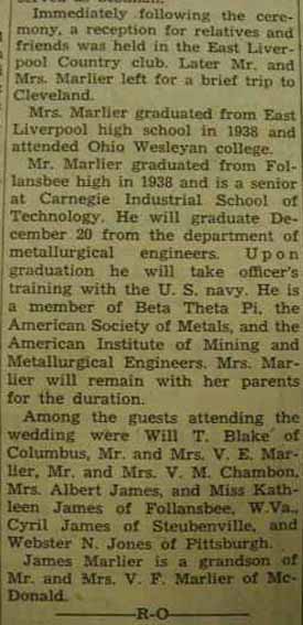 Part 2 Marriage Notice for James Edward MARLIER to Mary G. Blake, 6 Nov 1942