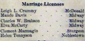 LICENSE notice for Clement MARMAGIN to Helen Tennyson in 11-27-1914 newspaper - license - see Helen 
THOMPSON