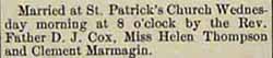 Wedding Notice Clement MARMAGIN to Helen Thompson, no date, in 12-4-1914 paper