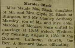 Part 1 marriage notice for Stanley Anthony MAROLEY to Maude Mae Black, 2 Aug 1939