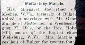 Marriage Notice for Geo. MARPLE to Mrs. Margaret McCartney, 27 Aug 1924