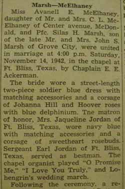 Part 1 Marriage Notice for Silas H. MARSH to Avanell E. McElhaney, 14 Nov 1942