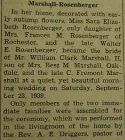 Part 1 Marriage Notice 
        William Clark MARSHALL, II to Sara Elizabeth Rosenberger, 23 Sept 1939