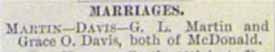 Marriage Notice for G. L. MARTIN to Grace O. Davis, no date, in 9-18-1897 paper