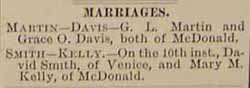 Marriage Notice for G. L. MARTIN to Grace O. Davis, no date, in 9-1897 paper
