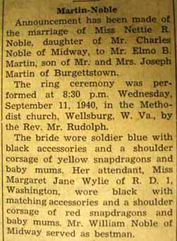 Marriage notice for Elmo B. MARTIN to Nettie R. Noble, 11 Sep 1940