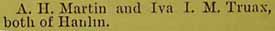Marriage Notice for A. H. MARTIN to Iva I. M. Truax, no date in 3-28-1896 paper