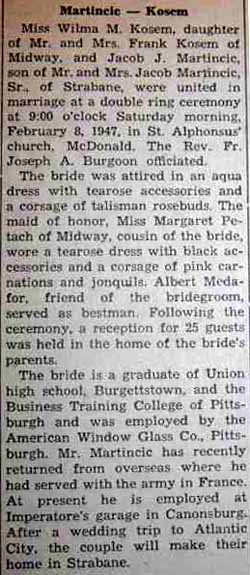 Marriage Notice for Jacob J. MARTINCIC to Wilma M. Kosem, 8 Feb 1947