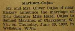 Marriage Notice for Samuel MARTINEZ to Hazel Cujas, 30 Jun 1932