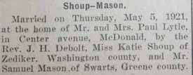 Marriage Notice for Samuel MASON to Katie Shoup, 5 May 1921