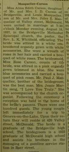 Marriage notice for Louis MASQUELIER to Alma Edith Carson, 16 Aug 1937