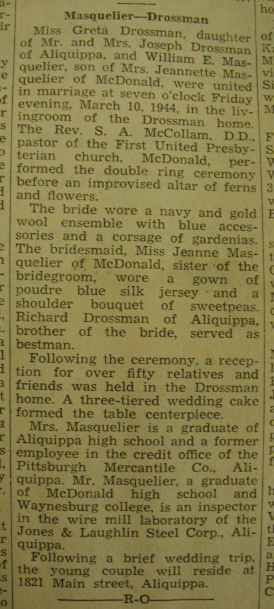 Marriage Notice for William E. MASQUELIER to Greta Drossman, 10 Mar 1944