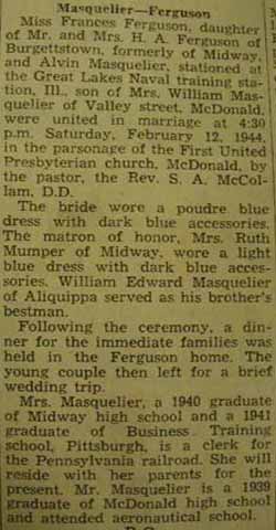 Marriage notice for 
Alvin MASQUELIER to Frances Ferguson, 12 Feb 1944