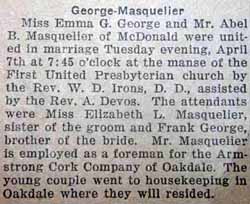 Marriage Notice for Abel B. MASQUELIER to Emma G. George, 7 Apr 1925