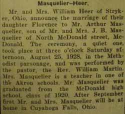 Marriage notice for 
Arthur MASQUELIER to Florence Heer, 25 Aug 1928