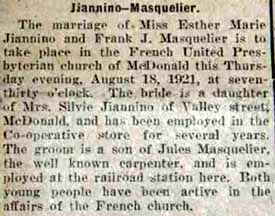 Marriage Notice for Frank J. MASQUELIER to Esther Marie Jiannino, 18 Aug 1921